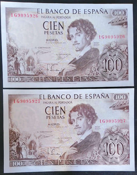 2 Billetes 100 pesetas 19 Noviembre 1965 Serie 1G correlativos SC
