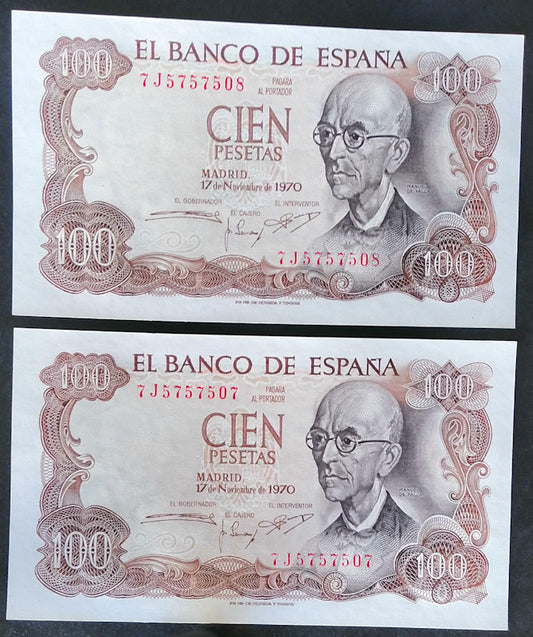 2 Billetes 100 pesetas 17 Noviembre 1970 Serie 7J correlativos SC