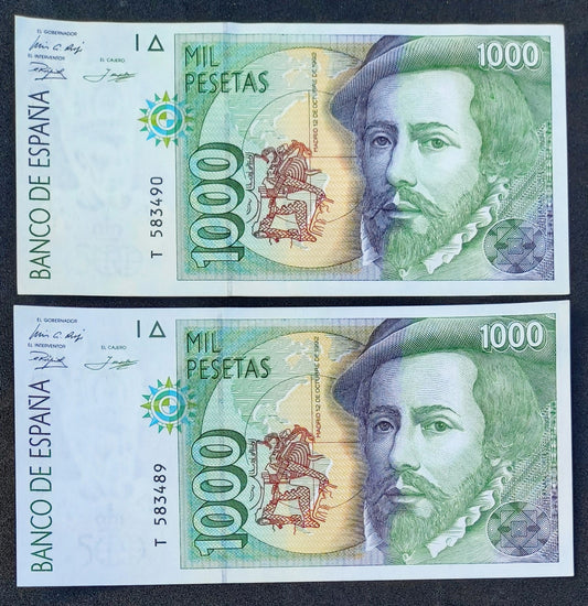 2 Billetes 1000 pesetas 12 Octubre 1992 Serie T Correlativos SC