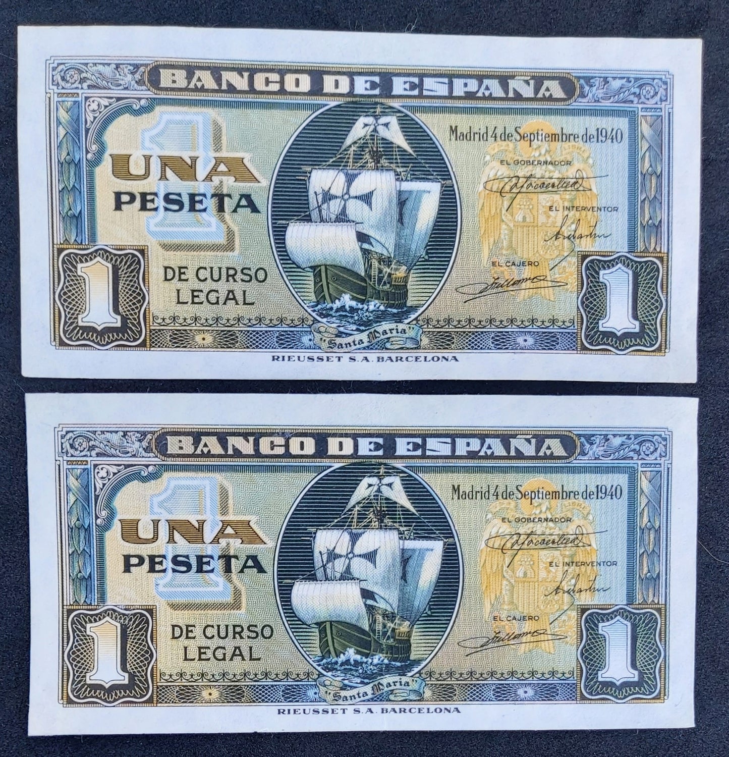 2 Billetes 1 peseta 4 de Septiembre 1940 Serie H pareja par MBC+
