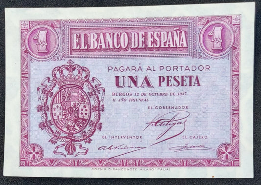 Billete 1 peseta 12 Octubre 1937 Serie D EBC+