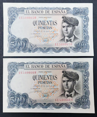 2 Billetes Correlativos 500 pesetas 1971 Serie 1E S/C